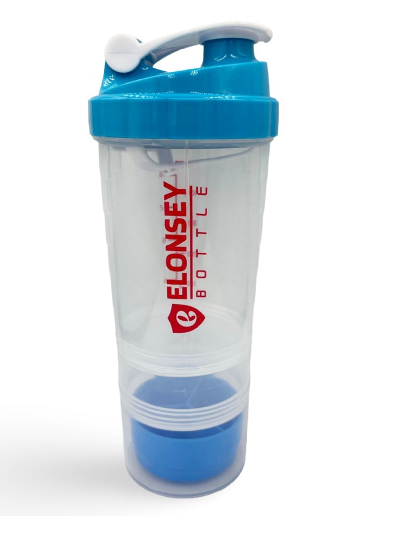 ELONSEY 500 ml Water Bottle with 3-Layer Twist and Lock Storage, 100% BPA-Free Leak Proof Fitness Sports Bottle With Straw and Time Markers, Supplements Non-Slip Mix Shake Bottle - Blue 500 ml - Image 1