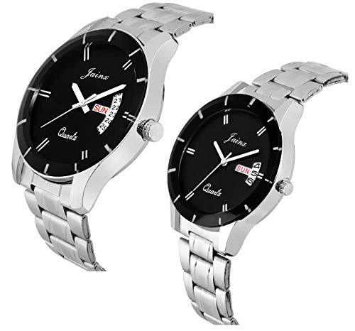 jainx Day Date Feature Silver Steel Chain Gift Set Analog Wrist Watch for Couple - JC458 - Image 3