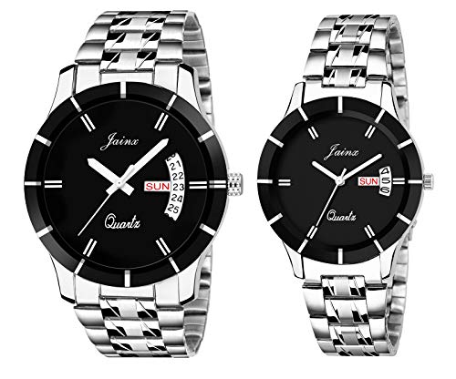 jainx Day Date Feature Silver Steel Chain Gift Set Analog Wrist Watch for Couple - JC458 - Image 1