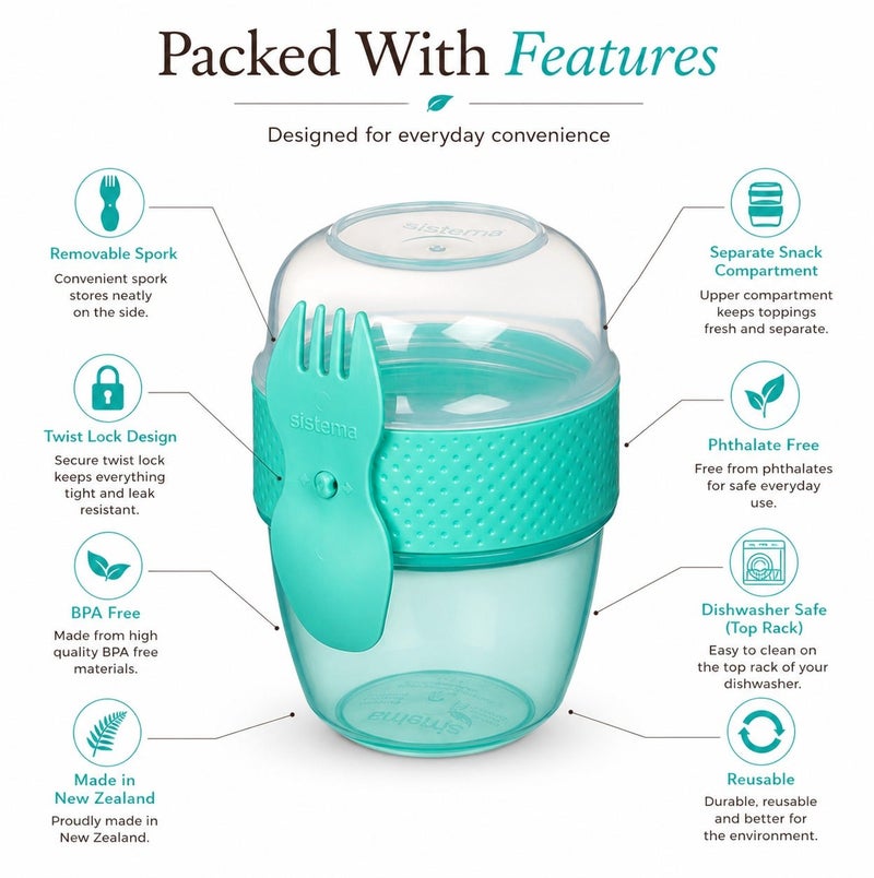 Sistema Snack Capsule To Go 515ml Green – BPA Free Snack Container with Built-In Fork & Spoon, Reusable Food Storage Cup for Yogurt, Fruit, Salad, Cereal, Meal Prep, School & Travel - Image 4