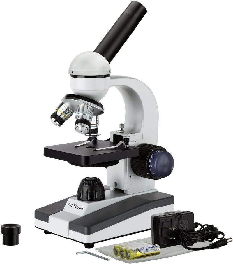 AmScope M150 Series Portable LED Monocular Student Compound Microscope - 40X-1000X Magnification - Microscope Kit Includes Dust Cover, 2 Clips & 2 Eyepieces - Image 1
