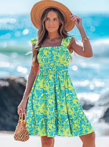 popvil Women Short Dress 2026 Summer Square Neck Casual Cute A-Line Flowy Mini Dress Sleeveless Ruffle Floral Dress Beach Vacation(Green, Small) - Image 2