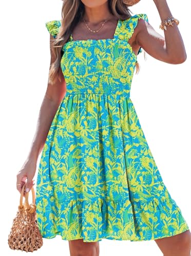 popvil Women Short Dress 2026 Summer Square Neck Casual Cute A-Line Flowy Mini Dress Sleeveless Ruffle Floral Dress Beach Vacation(Green, Small) - Image 1