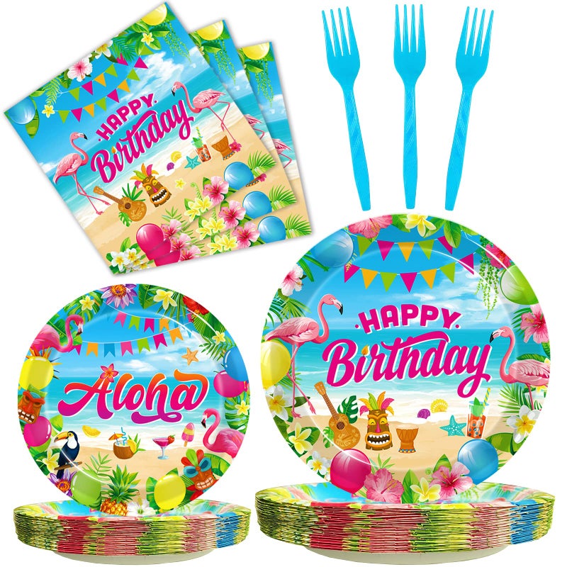 Kepeel 96 Pcs Hawaiian Aloha Party Decorations Supplies Luau Tropical Birthday Party Plates Summer Beach Holiday Party Paper Plates Napkins Tableware Disposable Dinnerware Set Serves 24 - Image 3
