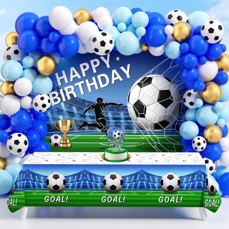 Heboland Soccer Birthday Party Decorations 116Ppcs 16Ft Blue Balloons Arch Kit Backdrop Cake Topper Tablecloth for Men Boys Soccer Theme Birthday Party Supplies - Image 2