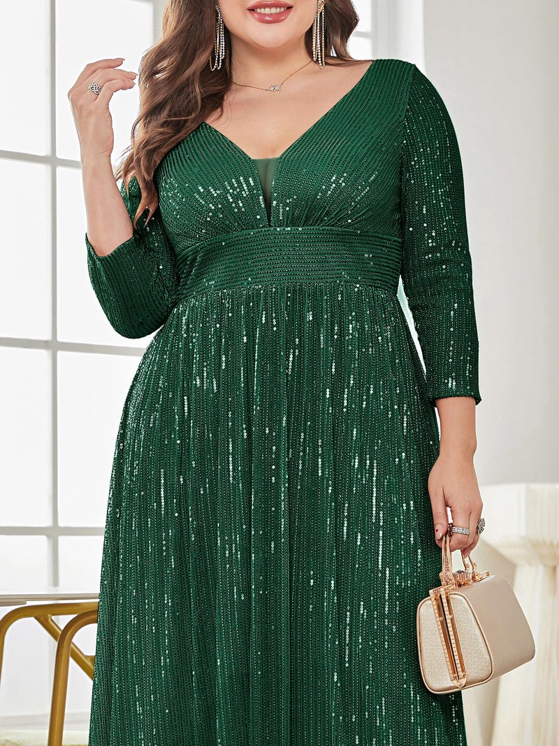 XUIBOL Plus Size Womens Prom Gown Glittery Sequins Long Sleeve V Neck Evening Dress Emerald Green 12 - Image 4