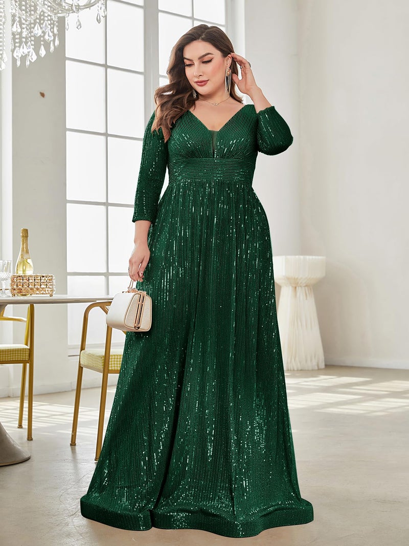 XUIBOL Plus Size Womens Prom Gown Glittery Sequins Long Sleeve V Neck Evening Dress Emerald Green 12 - Image 3