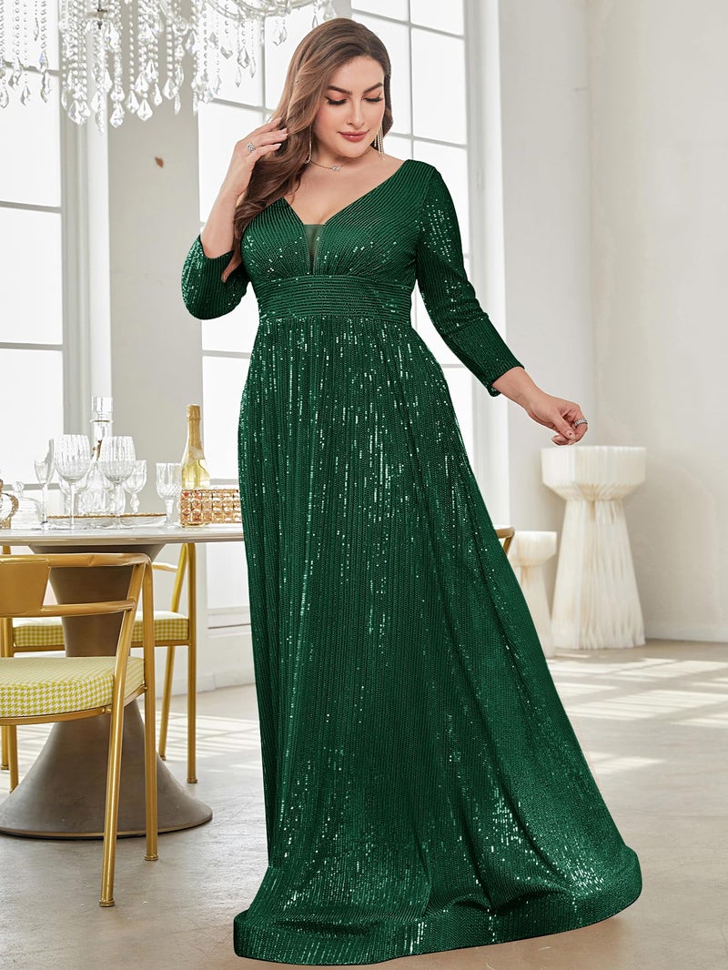 XUIBOL Plus Size Womens Prom Gown Glittery Sequins Long Sleeve V Neck Evening Dress Emerald Green 12 - Image 5