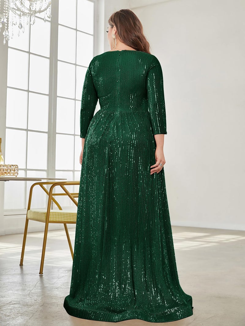 XUIBOL Plus Size Womens Prom Gown Glittery Sequins Long Sleeve V Neck Evening Dress Emerald Green 12 - Image 2