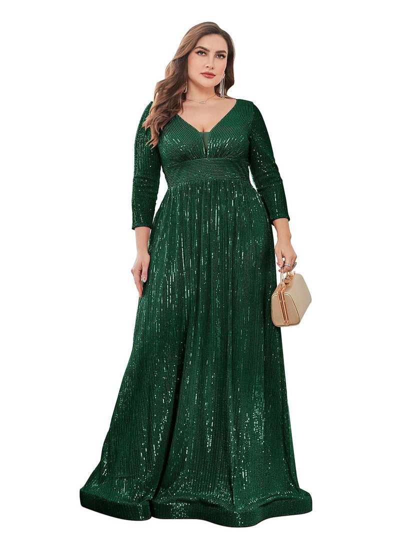 XUIBOL Plus Size Womens Prom Gown Glittery Sequins Long Sleeve V Neck Evening Dress Emerald Green 12 - Image 1