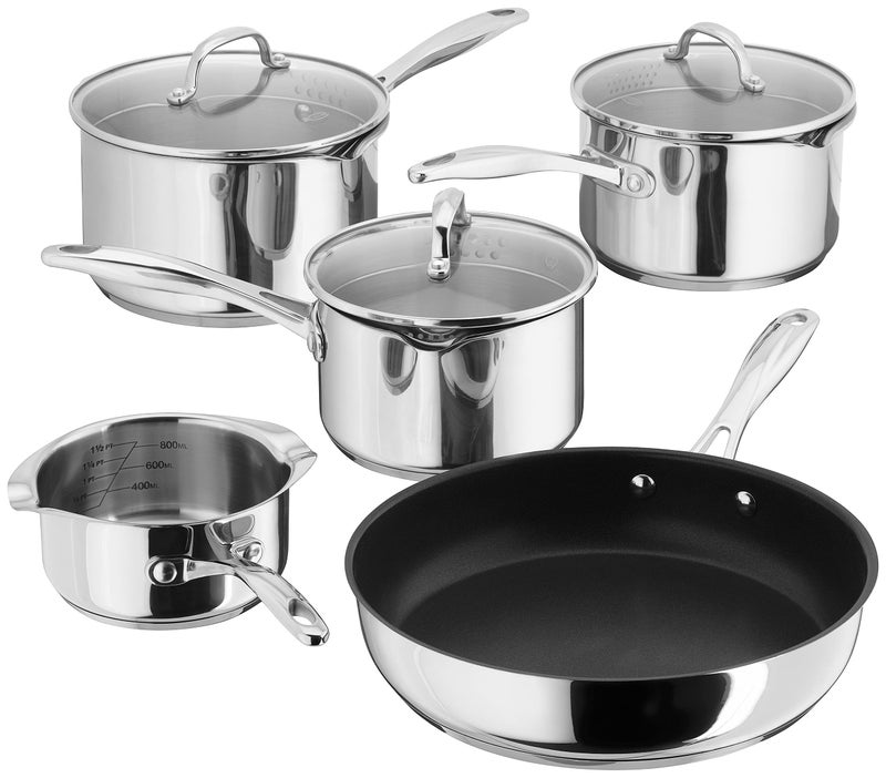 Stellar Profile 5Piece Set of Stainless Steel Pans 16cm 18cm  20cm Draining Saucepans with Strainer Lids Teflon Non Stick Frying Pan 26cm and Milk Pan 14cm Induction Ready