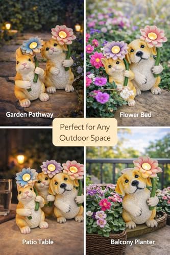 GoGnome Set of 3 Solar Animal Garden Lights – Resin Bunny, Cat & Dog Figurines with Warm LED Flower, Solar Powered Outdoor Décor for Garden, Patio, Yard, Balcony (Puppy/Kitten/Rabbit) - Image 2