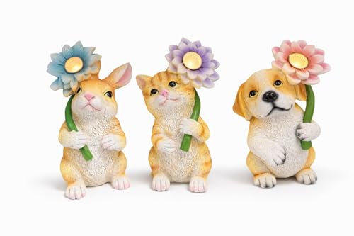 GoGnome Set of 3 Solar Animal Garden Lights – Resin Bunny, Cat & Dog Figurines with Warm LED Flower, Solar Powered Outdoor Décor for Garden, Patio, Yard, Balcony (Puppy/Kitten/Rabbit) - Image 1