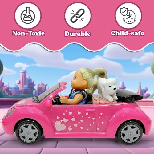 Wembley Evi Love Evi’s Beetle| Realistic Evi Doll with Her Beetle Car| Evi with Her Pet| Vibrant Pink Car with Hiking Backpack| Ideal Playset for Girls of 3+ - Image 4