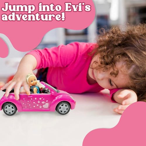 Wembley Evi Love Evi’s Beetle| Realistic Evi Doll with Her Beetle Car| Evi with Her Pet| Vibrant Pink Car with Hiking Backpack| Ideal Playset for Girls of 3+ - Image 5