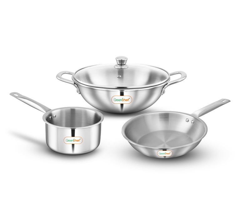Greenchef Stainless Steel Tri ply Stainless Steel Crest Combo (Kadhai 22CM with Glass lid, FryPan 22CM, Saucepan 14CM) Exterior Surface, Induction Compatible, Scratch Resistant - Image 1