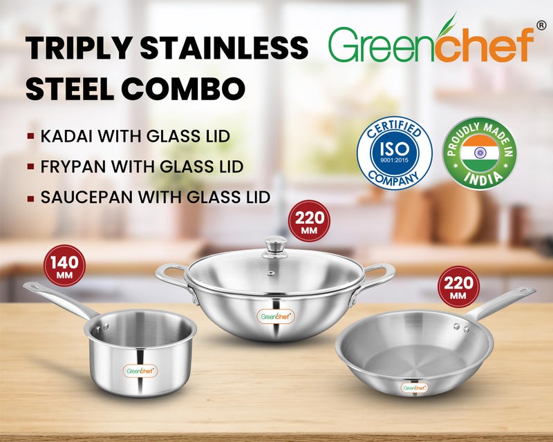 Greenchef Stainless Steel Tri ply Stainless Steel Crest Combo (Kadhai 22CM with Glass lid, FryPan 22CM, Saucepan 14CM) Exterior Surface, Induction Compatible, Scratch Resistant - Image 2