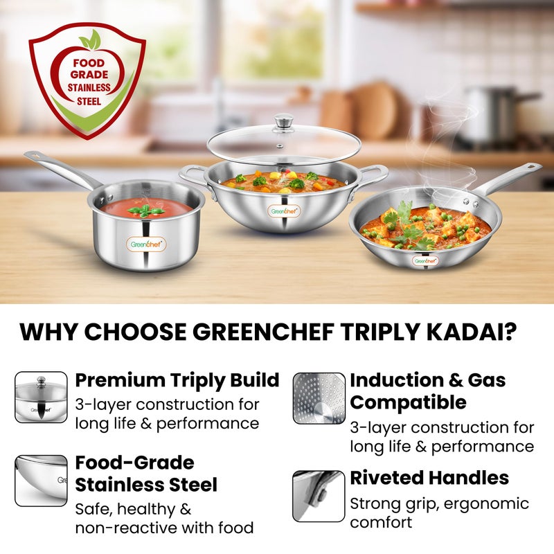 Greenchef Stainless Steel Tri ply Stainless Steel Crest Combo (Kadhai 22CM with Glass lid, FryPan 22CM, Saucepan 14CM) Exterior Surface, Induction Compatible, Scratch Resistant - Image 5