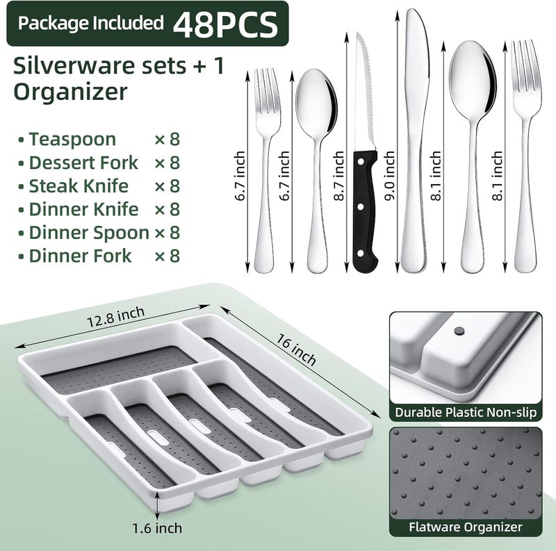 CEKEE 49-Piece Silverware Set with Organizer, Stainless Steel Flatware Cutlery Set Service for 8, Mirror Polished Kitchen Utensils Set with Steak Knives Included Spoons and Forks Set & Tray - Image 2