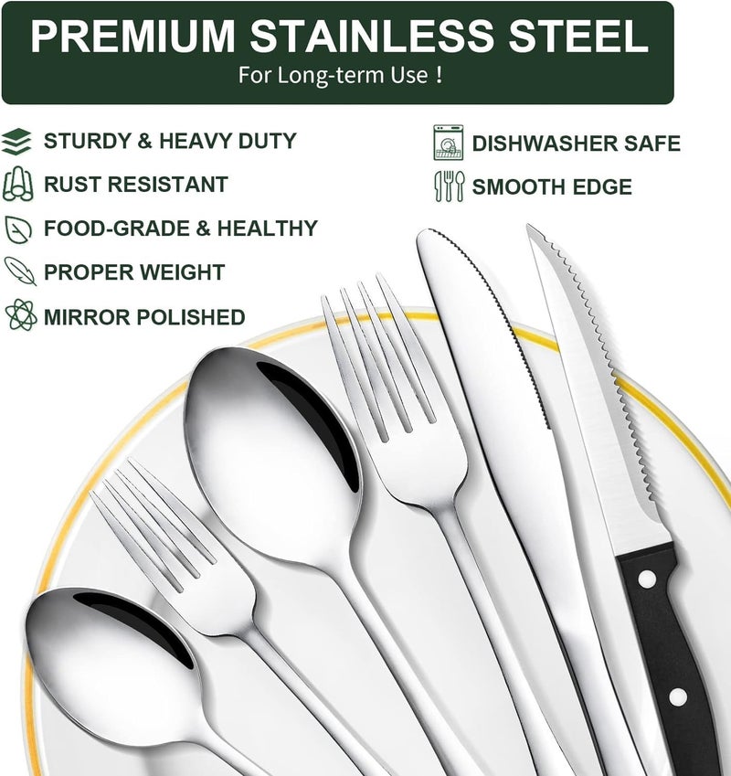 CEKEE 49-Piece Silverware Set with Organizer, Stainless Steel Flatware Cutlery Set Service for 8, Mirror Polished Kitchen Utensils Set with Steak Knives Included Spoons and Forks Set & Tray - Image 3
