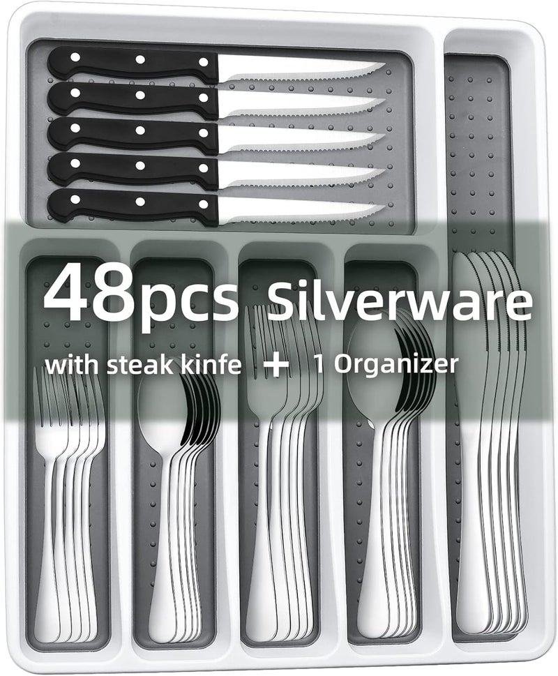 CEKEE 49-Piece Silverware Set with Organizer, Stainless Steel Flatware Cutlery Set Service for 8, Mirror Polished Kitchen Utensils Set with Steak Knives Included Spoons and Forks Set & Tray - Image 1