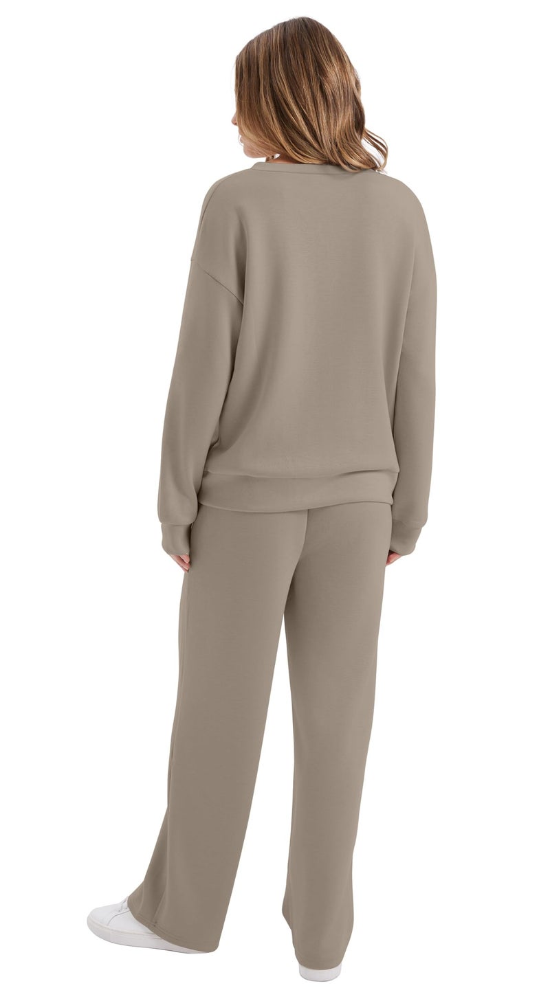 WIHOLL 2 Piece Sets for Women Airport Travel Outfits Lounge Sets for Women Wide Led Pants Matching Set Womens Fall Fashion 2026 Vacation Clothes Comfy Sweatsuits Two Piece Fall Outfits Taupe L - Image 5