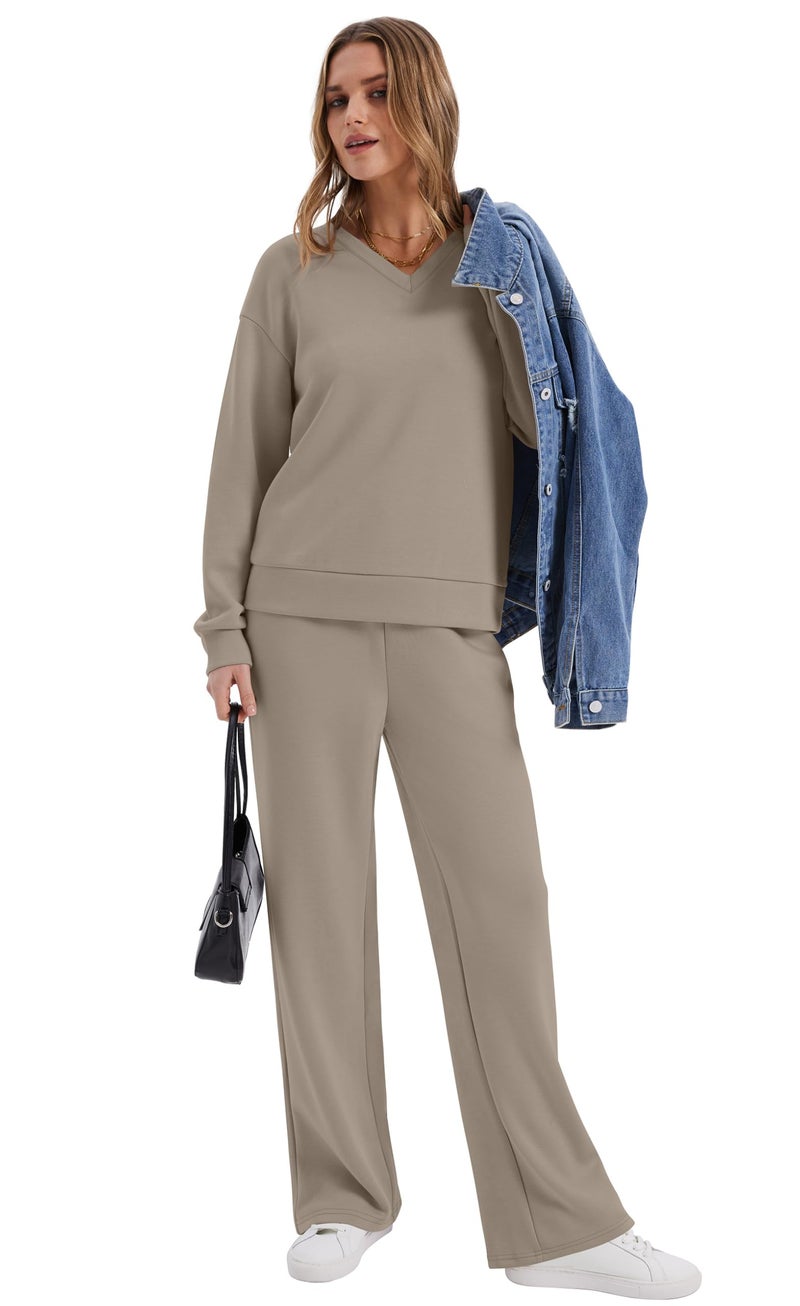 WIHOLL 2 Piece Sets for Women Airport Travel Outfits Lounge Sets for Women Wide Led Pants Matching Set Womens Fall Fashion 2026 Vacation Clothes Comfy Sweatsuits Two Piece Fall Outfits Taupe L - Image 3