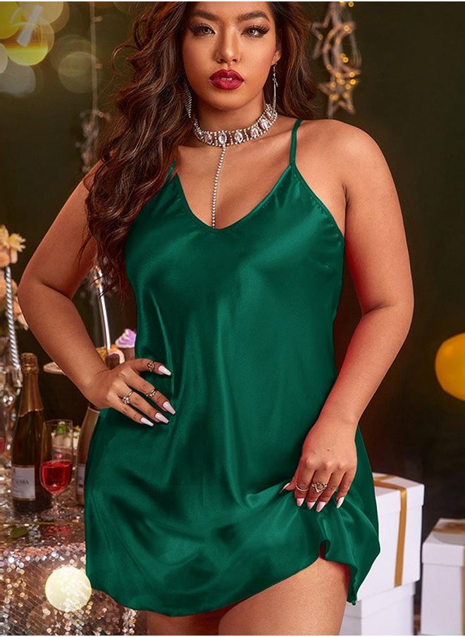 Loquat - Women's Solid Color Imitation Silk Nightgown Sleepwear Mini Slip Dress With Adjustable Straps Soft Loungewear Sleepwear Dress Dark Green - Image 1