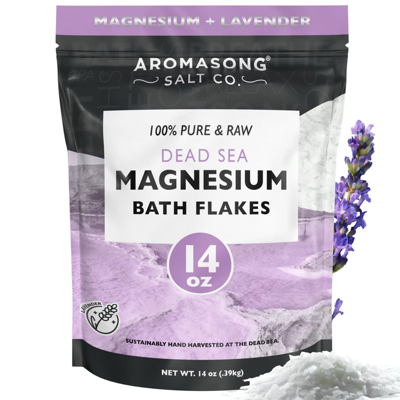 Aromasong RAW Magnesium Bath Flakes with 100% Natural Lavender, 14 Oz. Muscle Relaxing Organic Salts Mg Chloride, Mineral Soak Salt. - Image 1