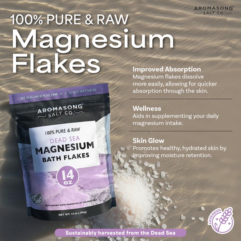 Aromasong RAW Magnesium Bath Flakes with 100% Natural Lavender, 14 Oz. Muscle Relaxing Organic Salts Mg Chloride, Mineral Soak Salt. - Image 3