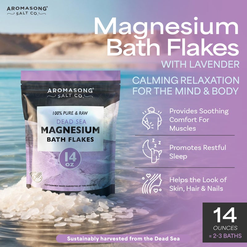 Aromasong RAW Magnesium Bath Flakes with 100% Natural Lavender, 14 Oz. Muscle Relaxing Organic Salts Mg Chloride, Mineral Soak Salt. - Image 2