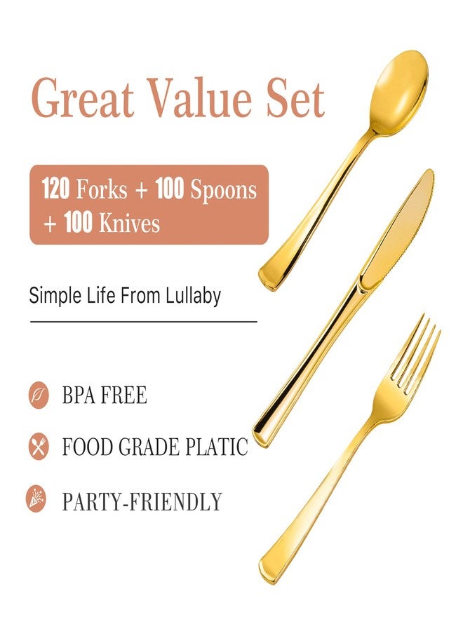Lullaby 320pcs Gold Plastic Silverware, Disposable Silverware Include 120 Forks, 100 Spoons, 100 Knives, Gold Cutlery Set Disposable for Weddings, Party and Daily Use - Image 3