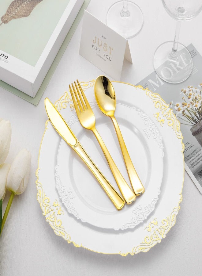 Lullaby 320pcs Gold Plastic Silverware, Disposable Silverware Include 120 Forks, 100 Spoons, 100 Knives, Gold Cutlery Set Disposable for Weddings, Party and Daily Use - Image 4