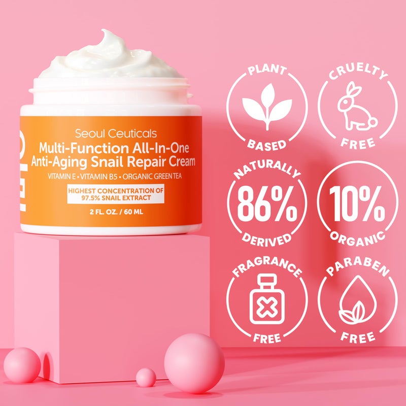 SeoulCeuticals Snail Mucin Moisturizer 97.5% - Korean Skin Care Snail Repair Cream - Day & Night Anti Aging K Beauty Skincare Cruelty Free 2oz - Image 4