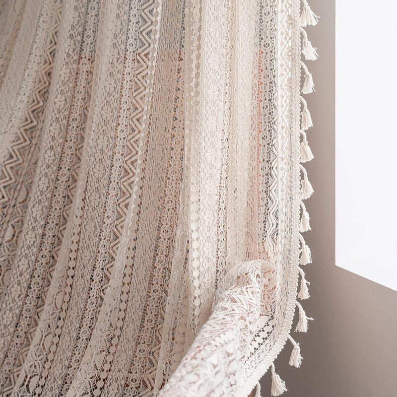 JOOJA 84 inch Length 2 Panels Set Rod Pocket Farmhouse Beige Crochet Semi Sheer Lace Boho Curtains, Vintage Cotton Tassel Window Treatment for Bedroom Living Room 59x84 - Image 5