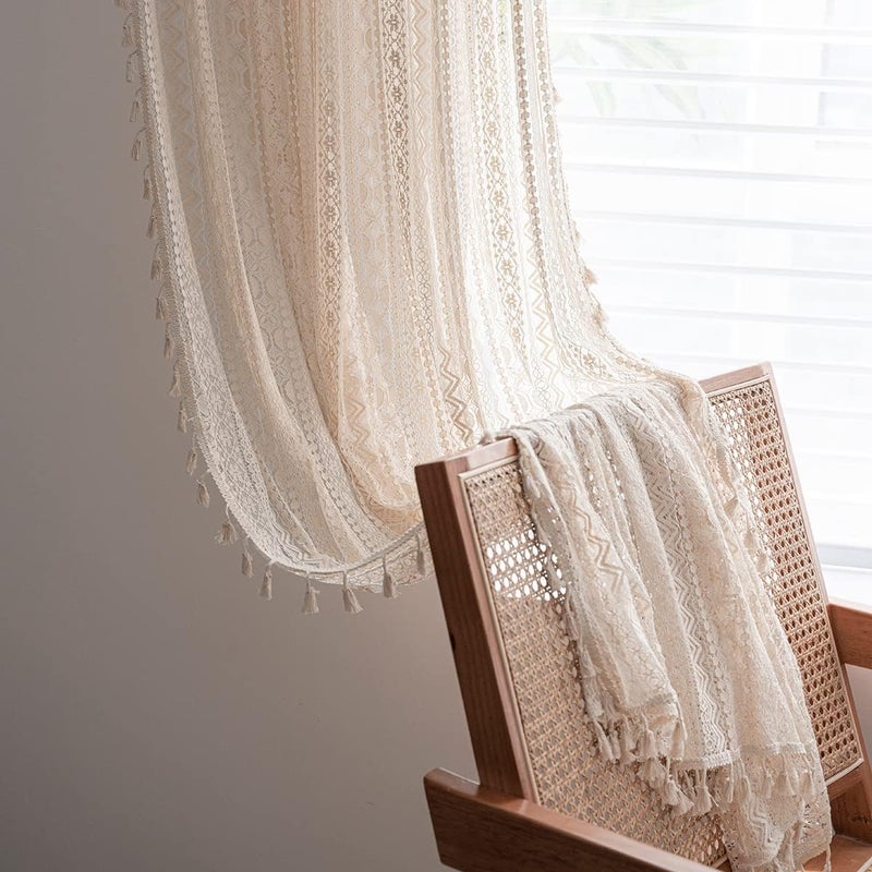 JOOJA 84 inch Length 2 Panels Set Rod Pocket Farmhouse Beige Crochet Semi Sheer Lace Boho Curtains, Vintage Cotton Tassel Window Treatment for Bedroom Living Room 59x84 - Image 2