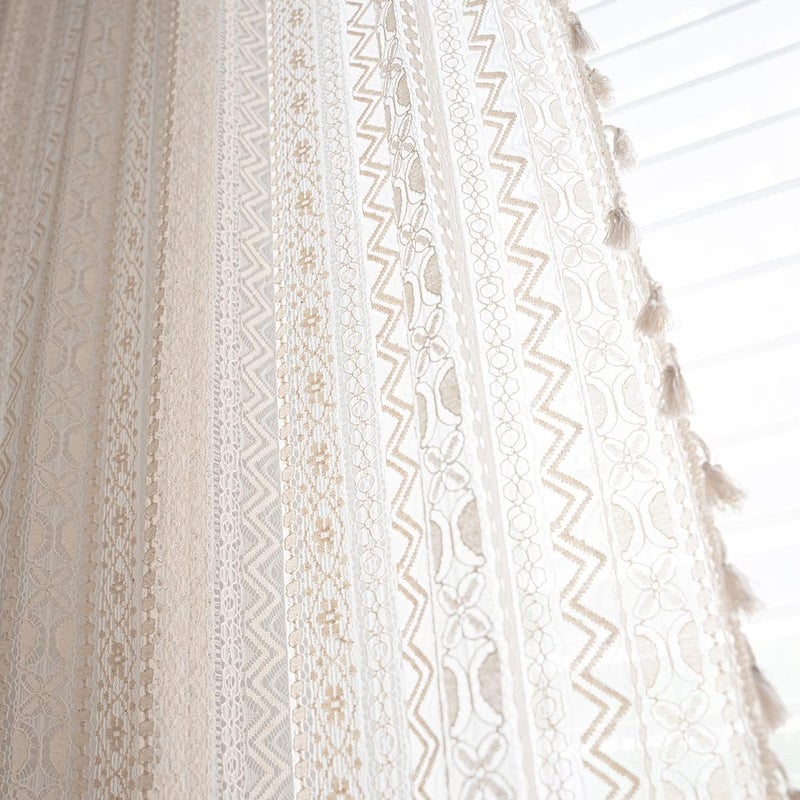 JOOJA 84 inch Length 2 Panels Set Rod Pocket Farmhouse Beige Crochet Semi Sheer Lace Boho Curtains, Vintage Cotton Tassel Window Treatment for Bedroom Living Room 59x84 - Image 3