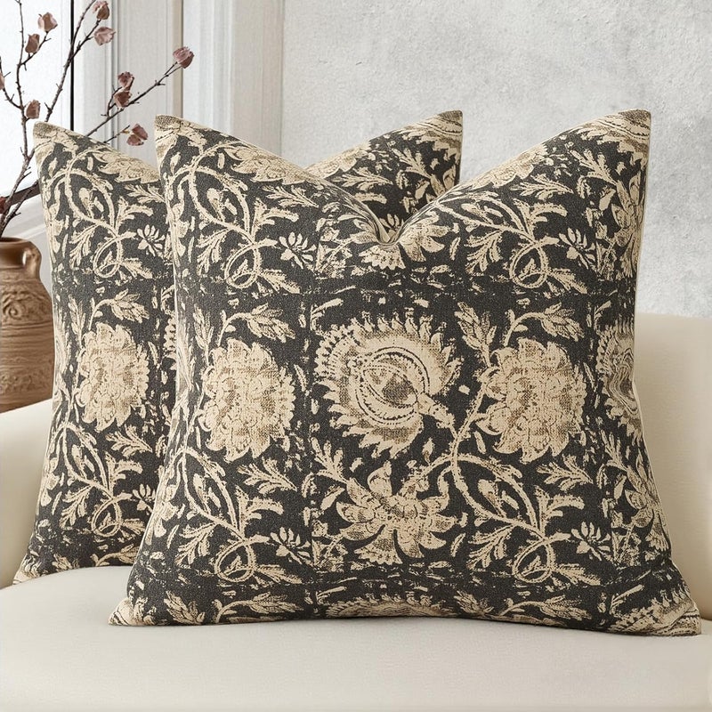 DKwizme Vintage Floral Print Throw Pillow Covers 18x18 Set of 2 Neutral Modern Farmhouse Pillow Cases Accent Decorative Cushion Covers Boho Home Decor for Couch Sofa Chair Bed Living Room, Black - Image 1