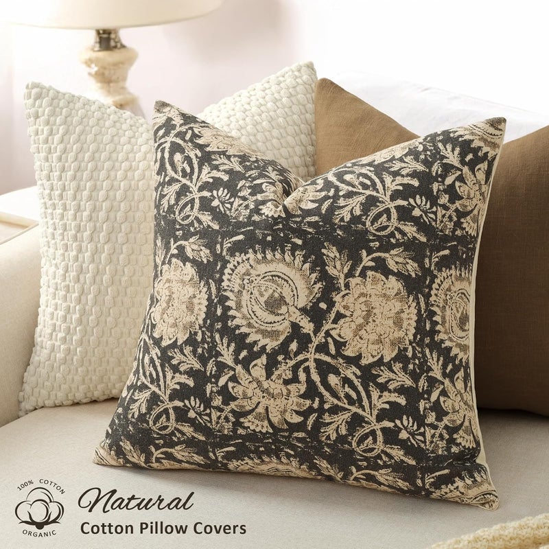 DKwizme Vintage Floral Print Throw Pillow Covers 18x18 Set of 2 Neutral Modern Farmhouse Pillow Cases Accent Decorative Cushion Covers Boho Home Decor for Couch Sofa Chair Bed Living Room, Black - Image 2