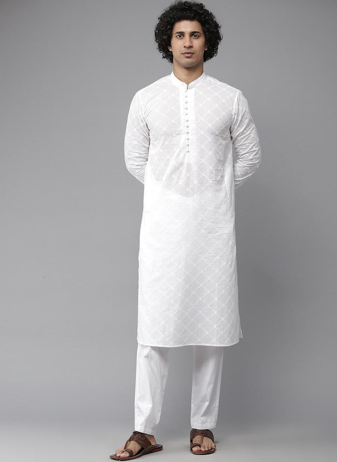 see designs Men's White Chikankari Embroidered Straight Kurta - Image 1