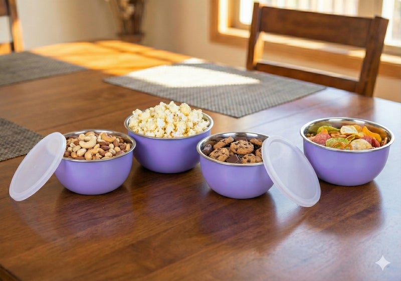 Zaib Stainless Steel and Plastic Coated Microwave Safe Bowls | Multipurpose Storage Containers | No Lid | 14 cm - 500 ml (Pack of 4 (Purple)) - Image 2