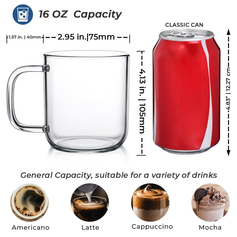 Aquach Glass Mugs 16 oz Set of 2, Large Clear Glass Cup with Handle for Hot/Cold Coffee Tea Beverage, Drinking Glasses - Image 5