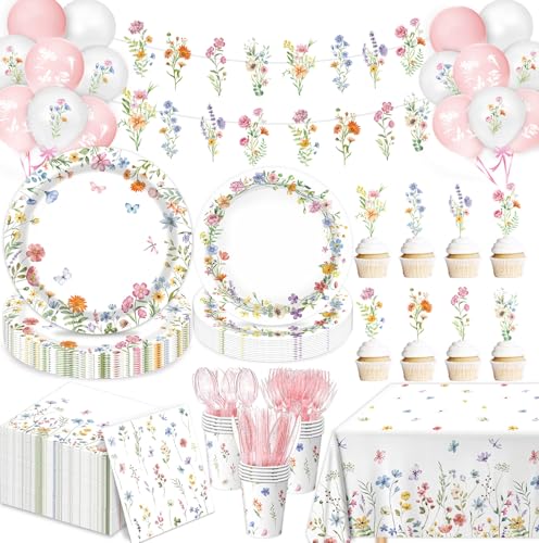 LINHAXM 175 PCS Spring Wildflower Party Decorations include Plates Cups Napkins Cutlery Cake Toppers Banner Tablecloth Balloons for Floral Baby Shower Birthday Decorations Serves 20 - Image 1