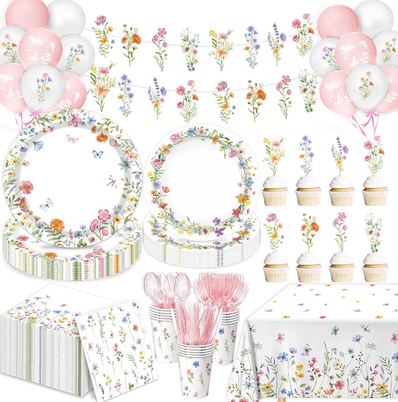 LINHAXM 175 PCS Spring Wildflower Party Decorations include Plates Cups Napkins Cutlery Cake Toppers Banner Tablecloth Balloons for Floral Baby Shower Birthday Decorations Serves 20 - Image 2