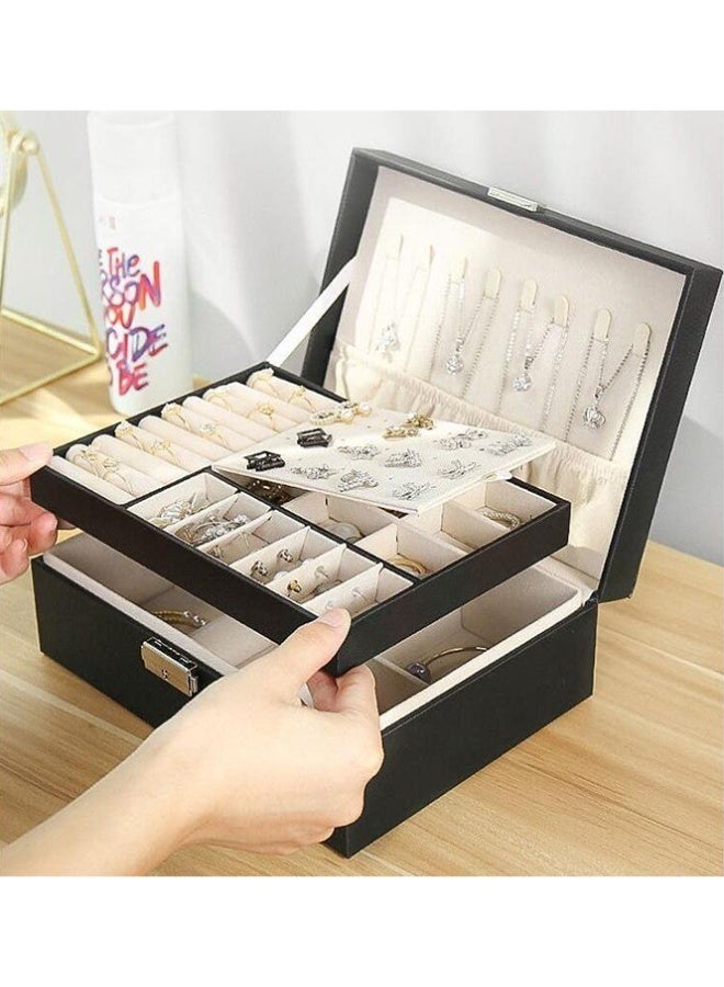 بلومنغ تايم صندوق مجوهرات من جلد البولي يوريثان ، صندوق تخزين ، حقيبة تخزين عالية السعة للخواتم والأقراط والقلائد والأساور والساعات ، طبقة مزدوجة مع قفل - Image 1