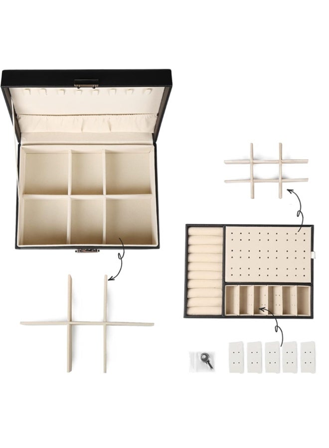 بلومنغ تايم صندوق مجوهرات من جلد البولي يوريثان ، صندوق تخزين ، حقيبة تخزين عالية السعة للخواتم والأقراط والقلائد والأساور والساعات ، طبقة مزدوجة مع قفل - Image 2