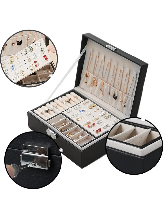 بلومنغ تايم صندوق مجوهرات من جلد البولي يوريثان ، صندوق تخزين ، حقيبة تخزين عالية السعة للخواتم والأقراط والقلائد والأساور والساعات ، طبقة مزدوجة مع قفل - Image 5