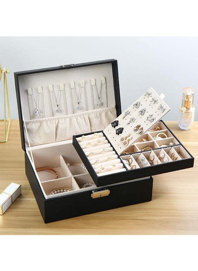 بلومنغ تايم صندوق مجوهرات من جلد البولي يوريثان ، صندوق تخزين ، حقيبة تخزين عالية السعة للخواتم والأقراط والقلائد والأساور والساعات ، طبقة مزدوجة مع قفل - Image 3