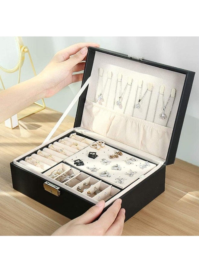 بلومنغ تايم صندوق مجوهرات من جلد البولي يوريثان ، صندوق تخزين ، حقيبة تخزين عالية السعة للخواتم والأقراط والقلائد والأساور والساعات ، طبقة مزدوجة مع قفل - Image 4