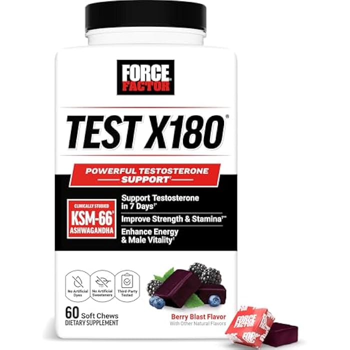 Force Factor فورس فاكتور تيست X180، دعم التستوستيرون للرجال مع كسم-66 أشواغاندا المدروسة سريريًا، البورون، فيتامين د والزنك، دعم التستوستيرون والأداء، نكهة التوت، 60 مضغّة ناعمة - Image 1